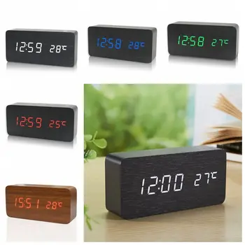 Дървена digital alarm clock, интелигентен led електронен будилник с дисплей на температурата, Настолни часовници за офиси, Домашни нощни часове
