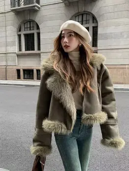 Ново дамско яке, замшевая къс байкерская дрехи, Корейски ежедневни блузи, зимни изолирана якета в уличном стил, топли кожени палта за жени