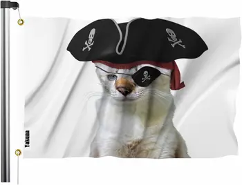 Пиратски флаг Swono Cat размер 3x5 фута, забавен череп на животно, триъгълна шапка със завързани очи, флаг коте-капитан, голям флаг за офис на открито и закрито