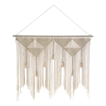 Стенен тъкани гоблени в стил бохо от ресни, бежово-бяла завеса с пискюли за дома (дървена пръчка в комплекта не са включени)